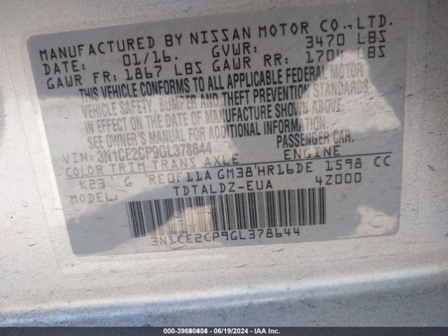 3N1CE2CP9GL378644 Nissan Versa Note S (sr)/s Plus/sl/sr/sv