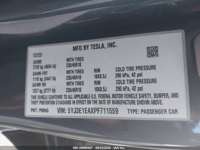 Tesla Model 3 Rear-wheel Drive 2023 5YJ3E1EAXPF711559 Image 9