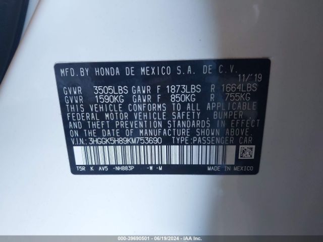 3HGGK5H89KM753690 Honda FIT EX