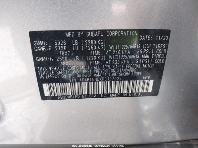 4S4BTGNDXR3197027 Subaru Outback Limited Xt