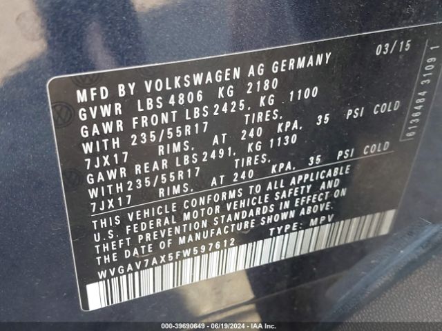 WVGAV7AX5FW597612 Volkswagen TIGUAN SE