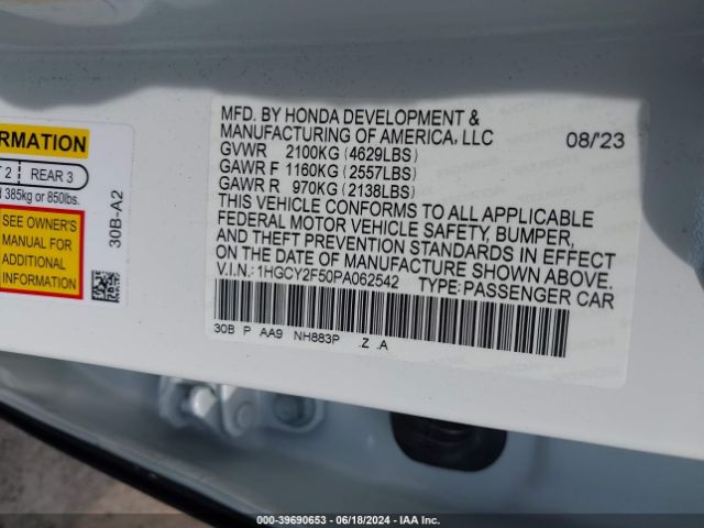 1HGCY2F50PA062542 Honda Accord Hybrid Sport