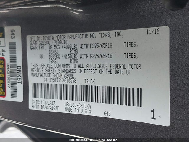 5TFBY5F12HX610578 Toyota Tundra Limited 5.7l V8