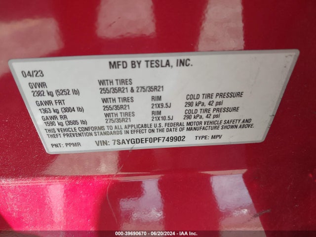 7SAYGDEF0PF749902 Tesla Model Y Awd/performance Dual Motor All-wheel Drive