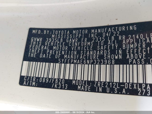 Toyota COROLLA LE 2022 5YFEPMAE6NP323968 Image 9
