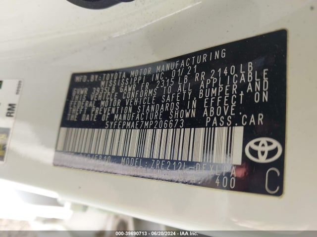Toyota COROLLA LE 2021 5YFEPMAE7MP206673 Image 9