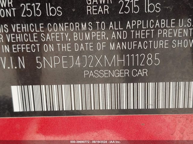5NPEJ4J2XMH111285 Hyundai Sonata Sel Plus