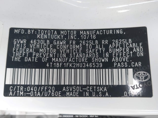 Toyota CAMRY SE 2017 4T1BF1FK2HU346539 Image 9