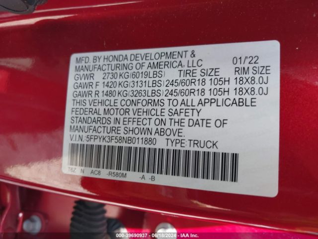 5FPYK3F58NB011880 Honda Ridgeline Rtl