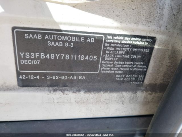 2008 SAAB 9-3 YS3FB49Y781118405 Photo 8