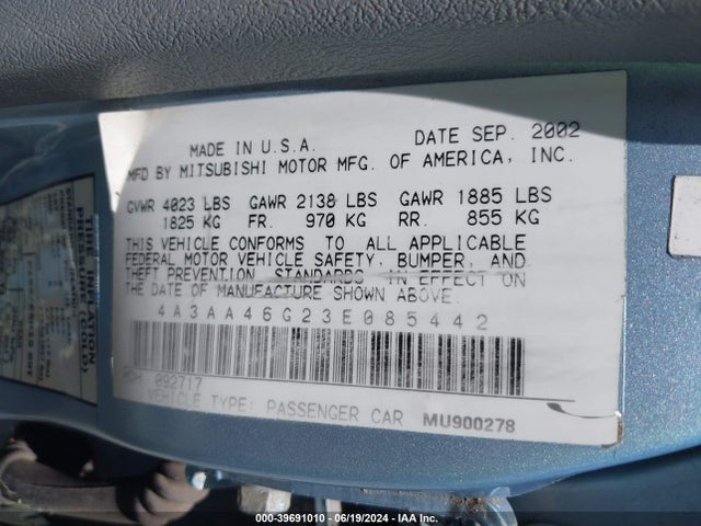 2003 MITSUBISHI GALANT 4A3AA46G23E085442 Photo 8