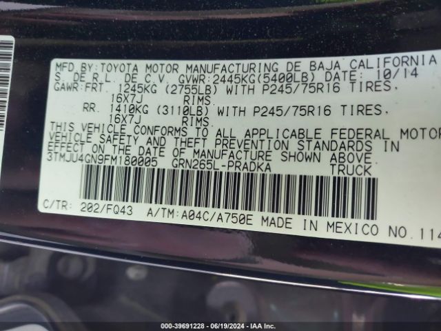 3TMJU4GN9FM180005 Toyota Tacoma Prerunner V6