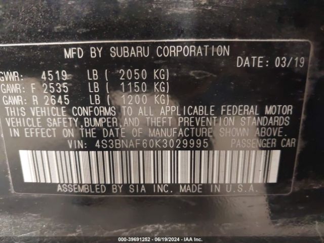4S3BNAF60K3029995 Subaru Legacy 2.5i Premium