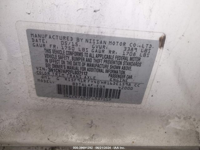 3N1CN7AP2FL937112 Nissan Versa 1.6 S