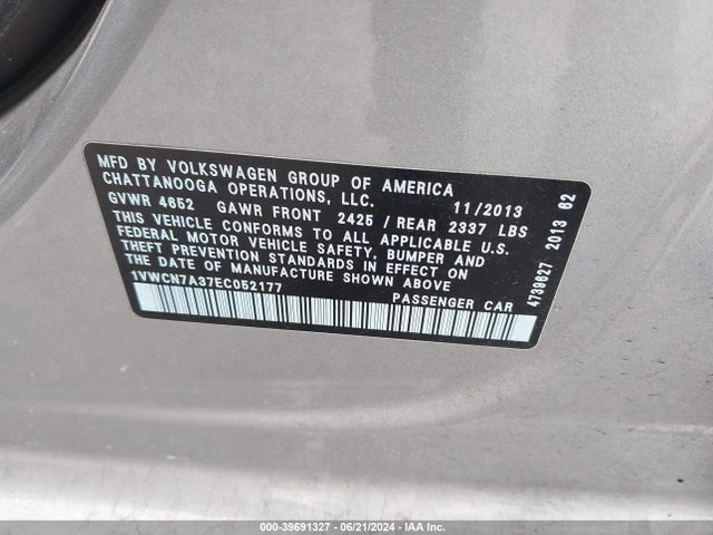 1VWCN7A37EC052177 Volkswagen Passat 2.0l Tdi Sel Premium
