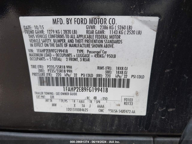 Ford TAURUS SEL 2015 1FAHP2E89FG199418 Image 9