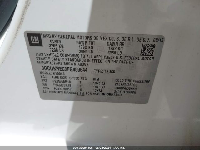 3GCUKREC3FG459644 Chevrolet Silverado 1500 2lt