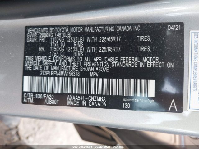 2T3P1RFV4MW196318 Toyota Rav4 Xle