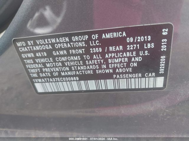 1VWAT7A37EC030869 Volkswagen Passat 1.8t S