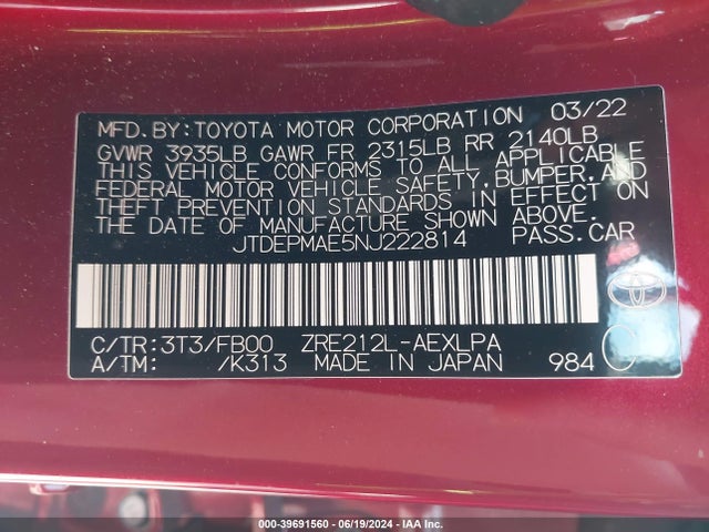 Toyota COROLLA LE 2022 JTDEPMAE5NJ222814 Image 9