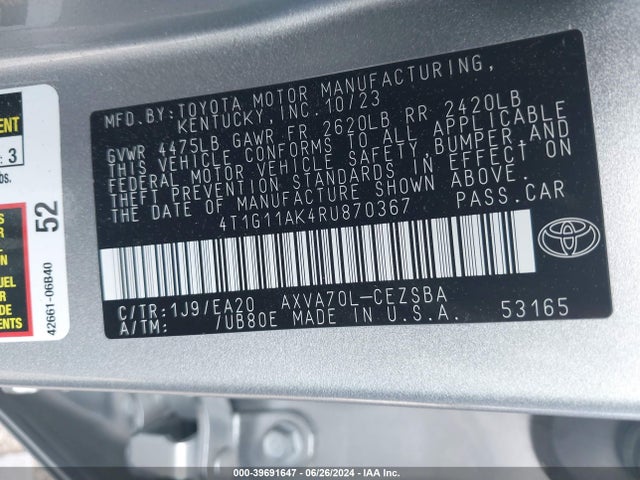 Toyota CAMRY SE 2024 4T1G11AK4RU870367 Image 9