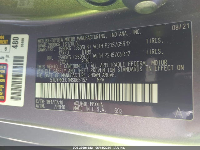 Toyota SIENNA XLE 2021 5TDYRKEC1MS065157 Image 9