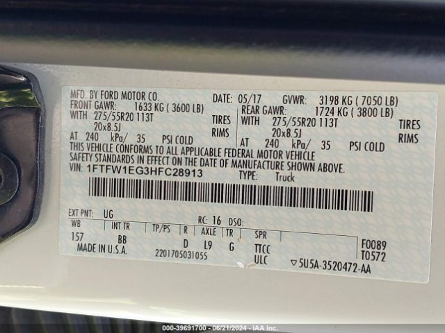 1FTFW1EG3HFC28913 Ford F-150 Platinum