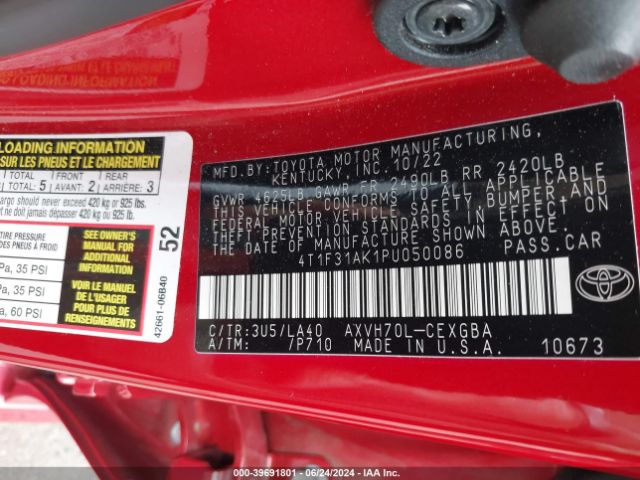 4T1F31AK1PU050086 Toyota Camry Xle Hybrid