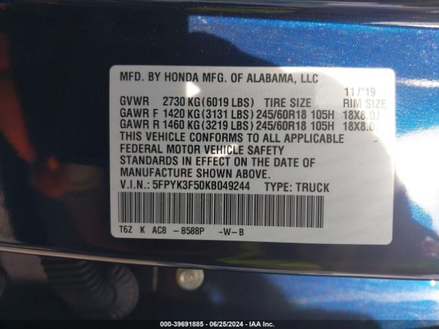 5FPYK3F50KB049244 Honda Ridgeline Rtl