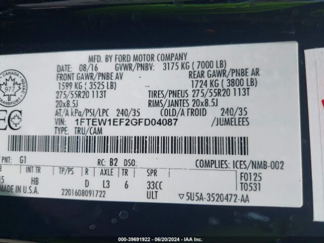1FTEW1EF2GFD04087 Ford F-150 Lariat