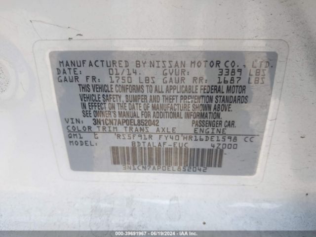 3N1CN7AP0EL852042 Nissan Versa 1.6 S