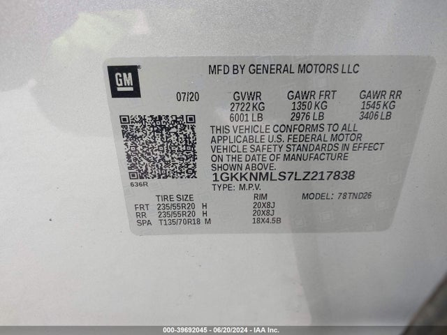 1GKKNMLS7LZ217838 GMC Acadia Fwd Slt