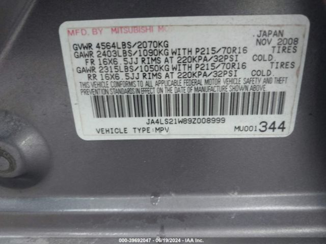 2009 MITSUBISHI OUTLANDER JA4LS21W89Z008999 Photo 8