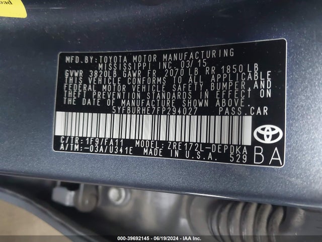 Toyota COROLLA L 2015 5YFBURHE7FP294027 Image 9