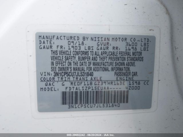 3N1CP5CU7JL531840 Nissan KICKS SV