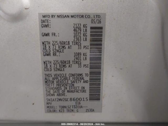 5N1AT2MV2GC860015 Nissan Rogue Sl