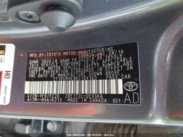 2T1BURHE8KC164123 Toyota COROLLA SE
