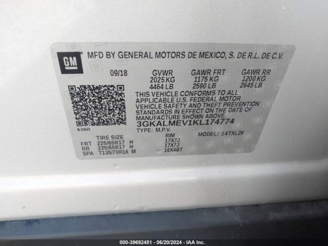 3GKALMEV1KL174774 GMC Terrain Sle