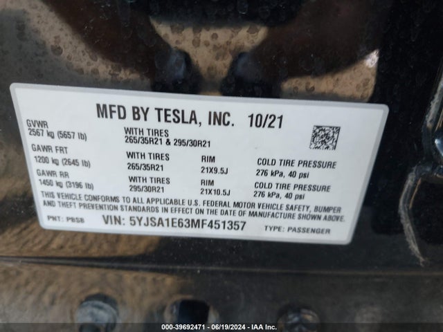 2021 TESLA MODEL S 5YJSA1E63MF451357 Photo 8