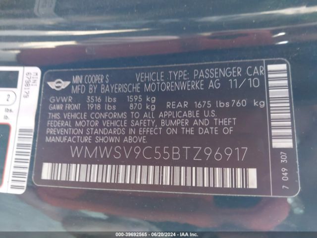 2011 MINI JOHN COOPER WORKS WMWSV9C55BTZ96917 Photo 8