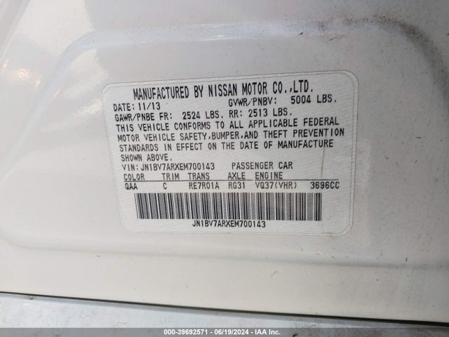 39692571 :رقم المزاد ، JN1BV7ARXEM700143 vin ، 2014 Infiniti Q50 Premium مزاد بيع