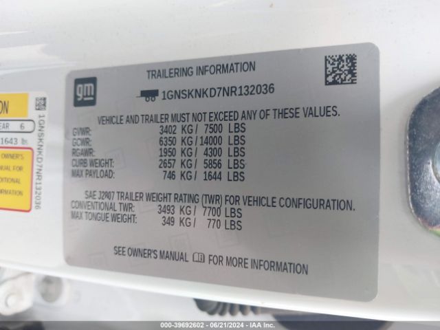 1GNSKNKD7NR132036 Chevrolet Tahoe 4wd Lt