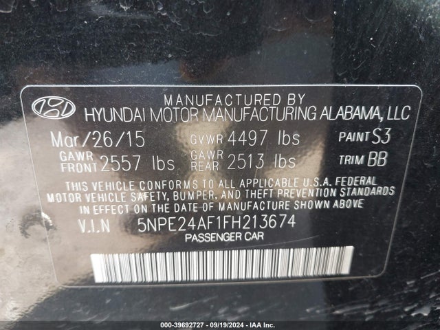 Hyundai SONATA SE 2015 5NPE24AF1FH213674 Image 9