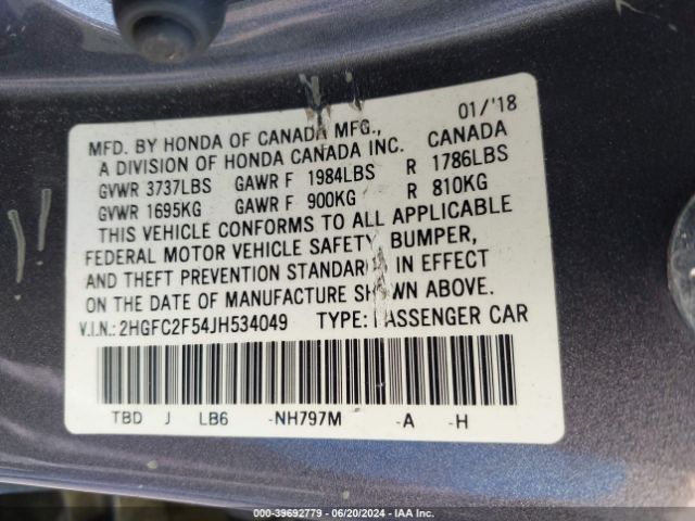 2HGFC2F54JH534049 Honda Civic Lx