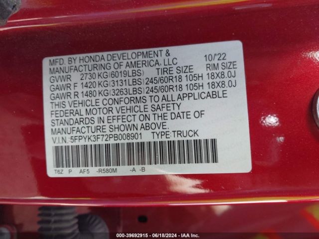 5FPYK3F72PB008901 Honda Ridgeline Rtl-e