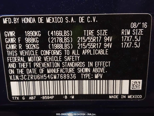 Honda HR-V EX 2016 3CZRU6H54GM768936 Image 9