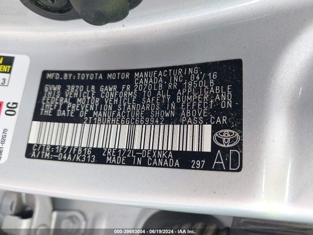 Toyota COROLLA LE 2016 2T1BURHE6GC669942 Image 9