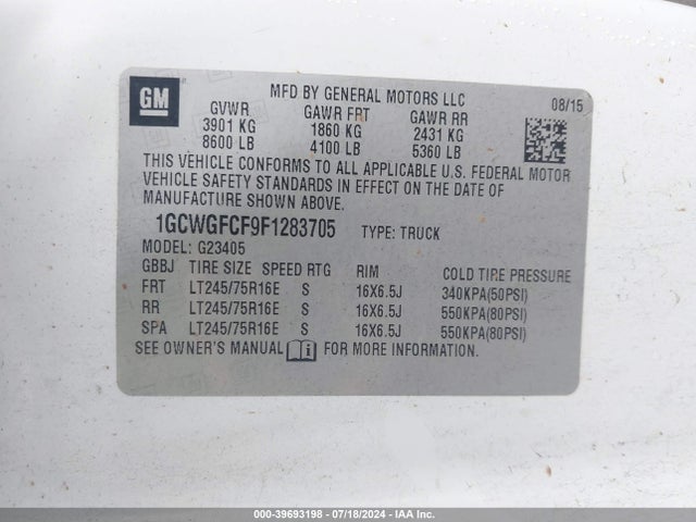 Chevrolet Express 2500 Work Van 2015 1GCWGFCF9F1283705 Image 9