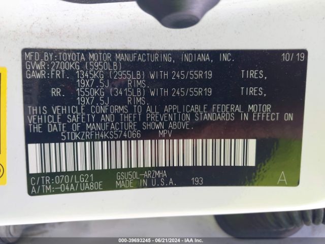 5TDKZRFH4KS574066 Toyota Highlander Se