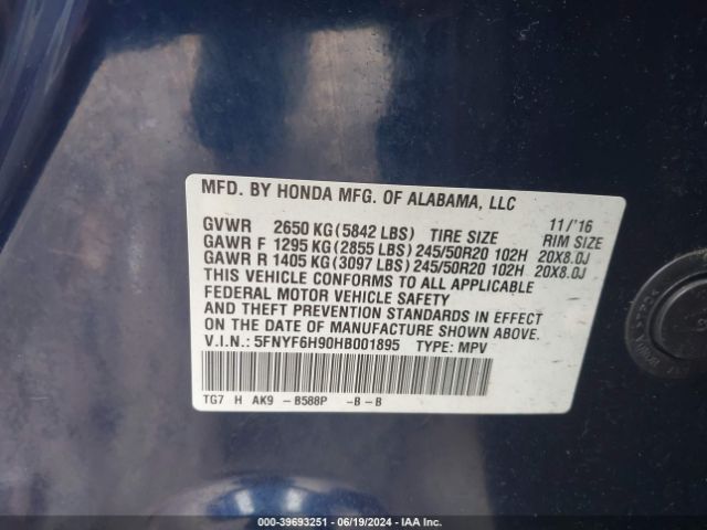 5FNYF6H90HB001895 Honda Pilot Touring
